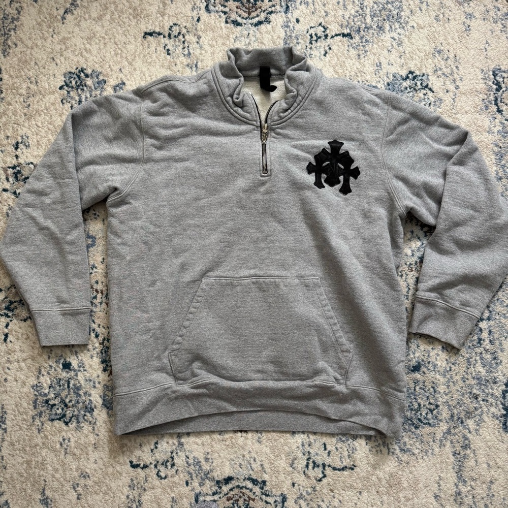 Chrome Hearts Triple Cross Paper Jam Mock Neck Grey Sweatshirt, Size XL